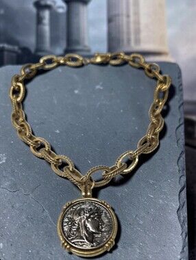 Antique Matte Gold Plated Chunky Ancient Roman Coin Twisted Rope Toggle Necklace